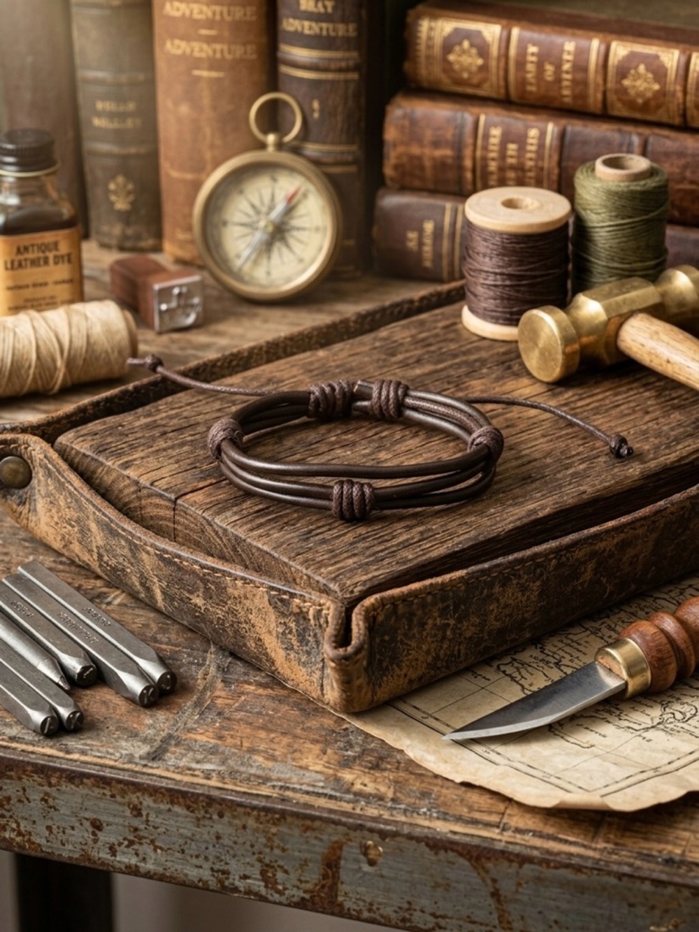 Hand Crafted Brown Leather Cord Adjustable Bracelet